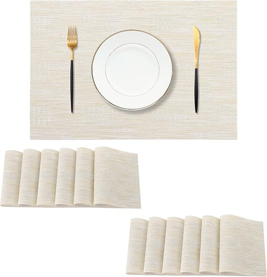 Leetaltree Wheat Placemats Set of 12 - Heat Resistant Non-Slip Place mats for Dining Table, Washable Durable PVC Vinyl Woven Table Matsï¼Wheat, 12ï¼