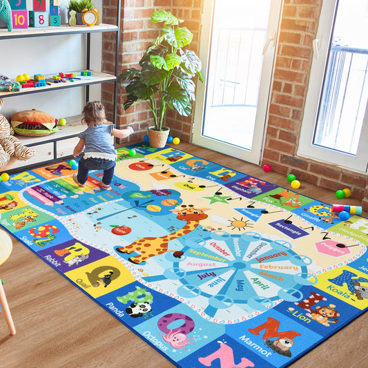B BENRON 4x6 Playroom Rugs for Kids Washable, Educational and Fun Playmat with ABC Alphabet Animals Shapes Colors, Non-Slip Play Mat Learning Rugs for Baby Toddler Children Game Activity, Blue