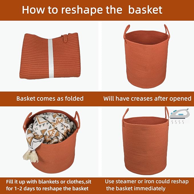 XUANGUO Cotton Rope Laundry Basket Hamper for Clothes Woven Storage Basket for Living Room Bedroom Boho Tall Rope Baskets for Blanket Toys Pillow Towels Baby Nursery Hamper Bin Large rust red