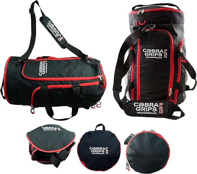 Grip Power Pads Best Travel Foldable Sports Duffel Bag Luggage Water Resistant Wet/Dry Nylon Gym Handbag Lightweight Backpack Gym Tote (Red, 24” by 14”)