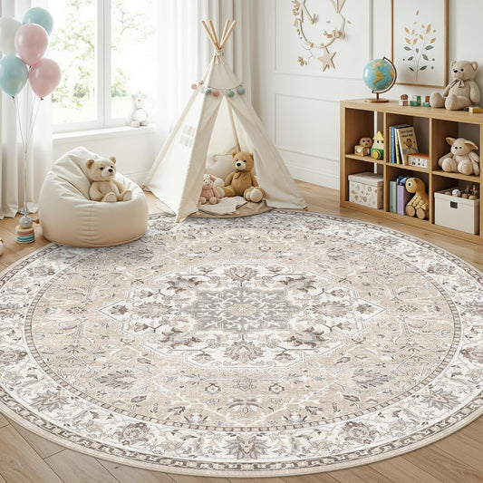 Skiennix Washable 6ft Circle Rug - Soft Low-Pile Area Rug for Living Room, Bedroom, Nursery | Beige