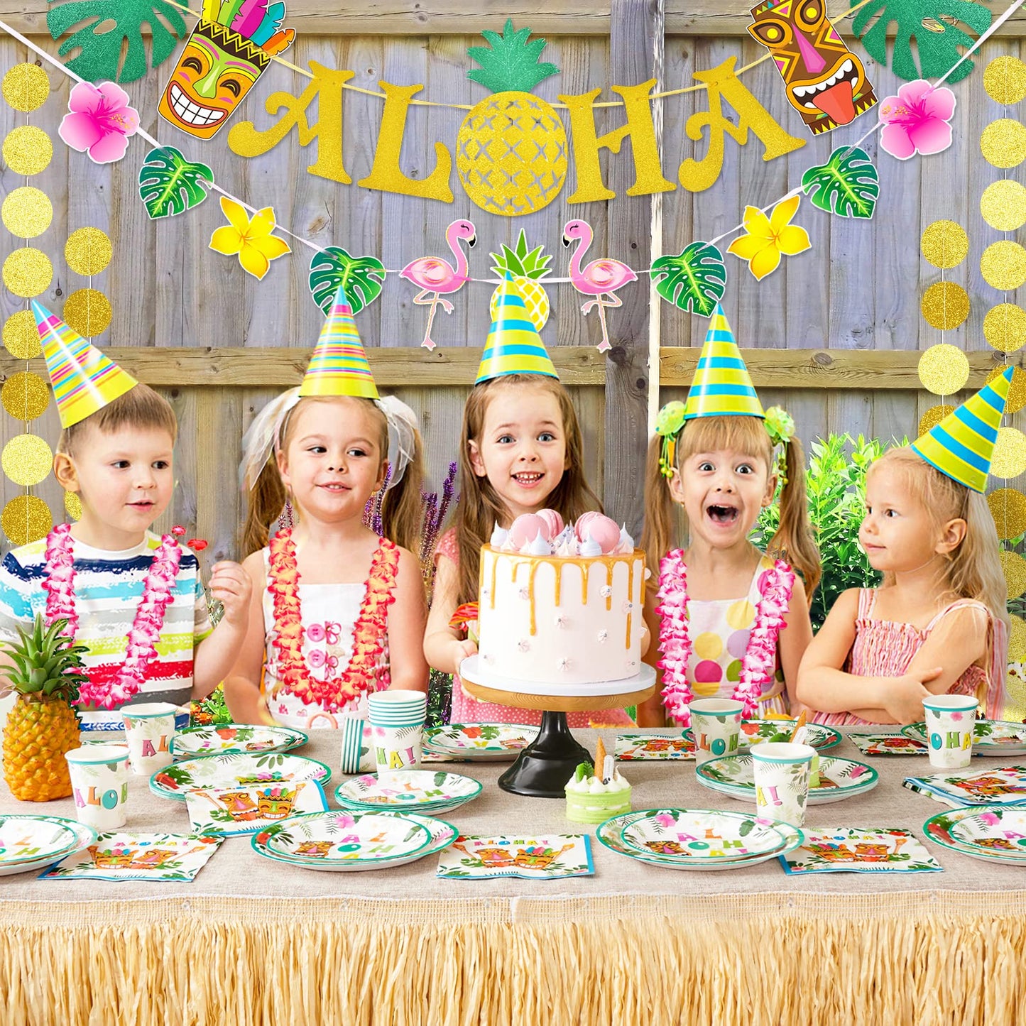 WERNNSAI Hawaiian Aloha Party Banner Decorations - Flamingo Pineapple Tiki Tropical Luau Party Supplies Favors Large Gold Glittery Aloha Sign Flag for Birthday Wedding Summer Beach Pool
