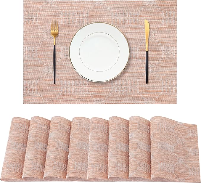 Leetaltree Coral Placemats Set of 8 - Heat Resistant Non-Slip Place mats for Dining Table, Washable Durable PVC Vinyl Woven Table Matsï¼Coral, 8ï¼