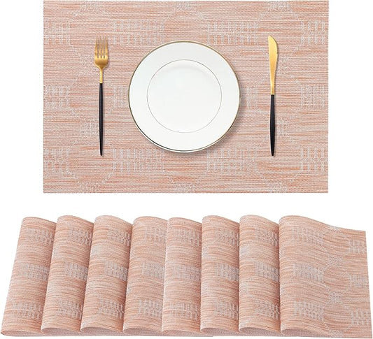 Leetaltree Coral Placemats Set of 8 - Heat Resistant Non-Slip Place mats for Dining Table, Washable Durable PVC Vinyl Woven Table Matsï¼Coral, 8ï¼