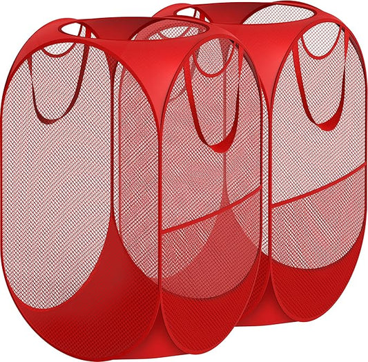 Simple Houseware Mesh Pop-Up Laundry Hamper Basket with Side Pocket, Red - 2 Pack