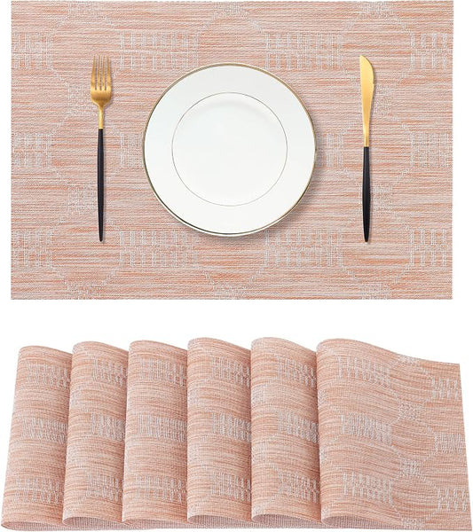 Leetaltree Coral Placemats Set of 6 - Heat Resistant Non-Slip Place mats for Dining Table, Washable Durable PVC Vinyl Woven Table Matsï¼Coral, 6ï¼