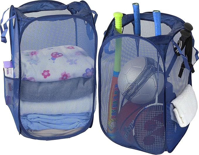 Simple Houseware Mesh Pop-Up Laundry Hamper Basket with Side Pocket, Dark Blue - 2 Pack