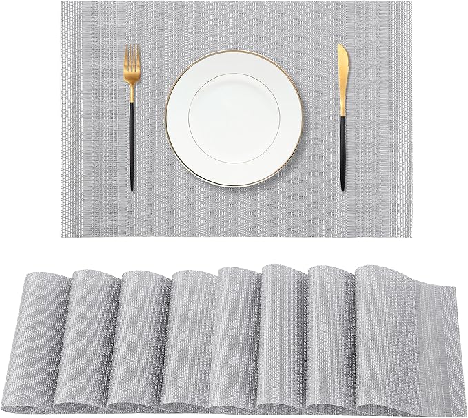 Leetaltree Lunar Grey Placemats Set of 8 - Heat Resistant Non-Slip Place mats for Dining Table, Washable Durable PVC Vinyl Woven Table Matsï¼Lunar Grey, 8ï¼