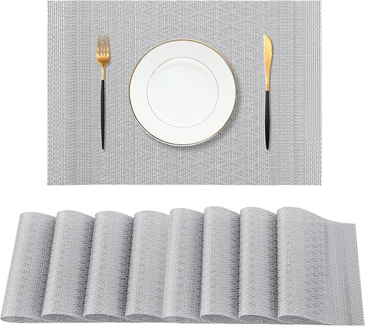 Leetaltree Lunar Grey Placemats Set of 8 - Heat Resistant Non-Slip Place mats for Dining Table, Washable Durable PVC Vinyl Woven Table Matsï¼Lunar Grey, 8ï¼
