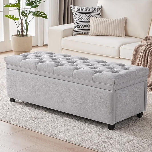 Mangodan 50" Storage Ottoman Bench, Tufted Ottoman with Storage for Living Room, Large End of Bed Ottomans, Modern Entryway Benchs, Window & Bedroom Benches for Foot of Bed (LightGray)