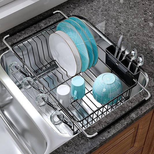 JASIWAY Black Dish Drying Rack in Sink, Expandable Stainless Steel Dish Drainers for Kitchen Counter, Dish Dryer Rack for Inside Sink, Over The Sink Dish Racks with Utensil Holder