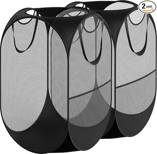 Simple Houseware Mesh Pop-Up Laundry Hamper Basket with Side Pocket, Black - 2 Pack