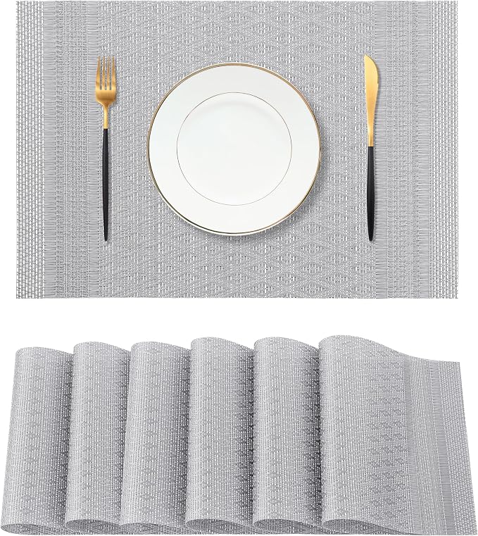 Leetaltree Lunar Grey Placemats Set of 6 - Heat Resistant Non-Slip Place mats for Dining Table, Washable Durable PVC Vinyl Woven Table Matsï¼Lunar Grey, 6ï¼