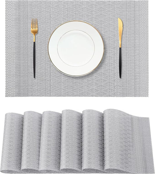 Leetaltree Lunar Grey Placemats Set of 6 - Heat Resistant Non-Slip Place mats for Dining Table, Washable Durable PVC Vinyl Woven Table Matsï¼Lunar Grey, 6ï¼